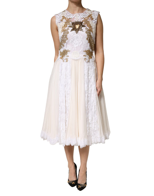 Ivory Lace Silk Embellished Sleeveless Dress