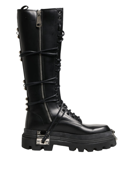 Black Leather Knee High Combat Boots Shoes