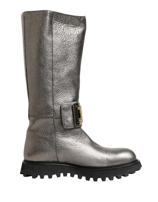 Metallic Silver Leather Mid Calf Boots Shoes