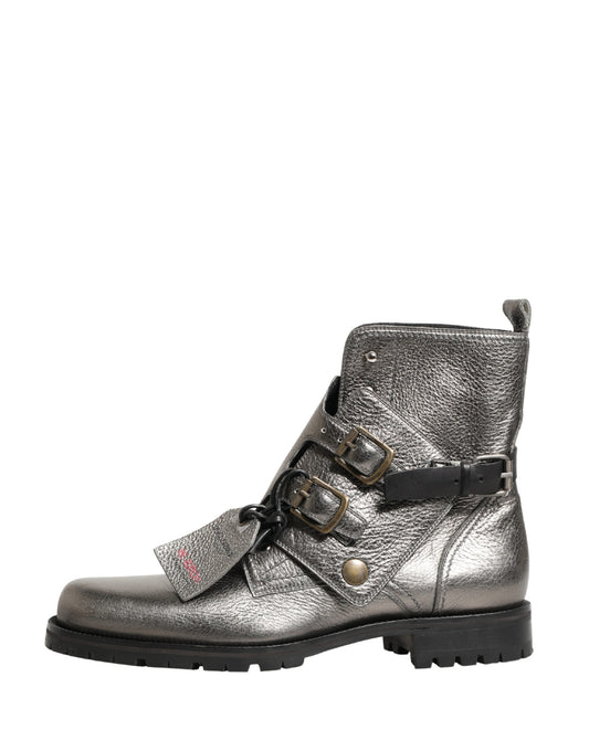 Metallic Silver Leather Buckle Ankle Boots Shoes