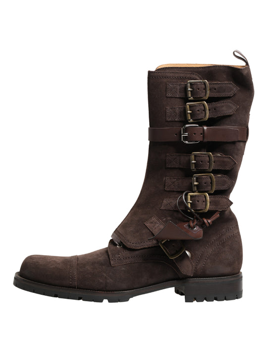 Brown Suede Leather Combat Ankle Boots Shoes