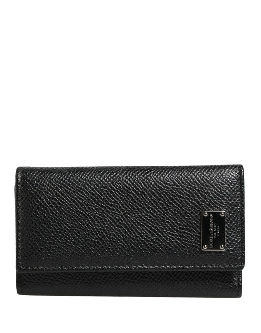 Black Leather Silver Metal Logo Plaque Trifold Keyring