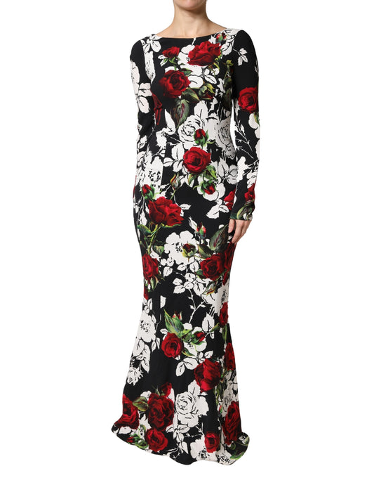 Black Floral Viscose Bodycon Long Gown Dress