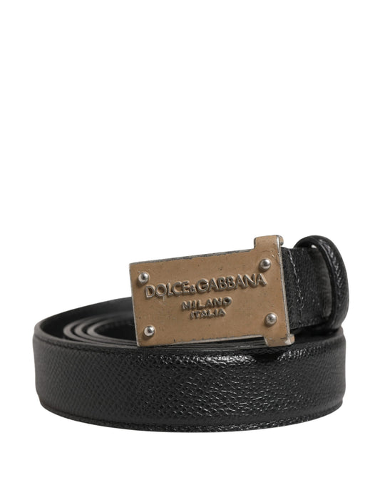Men Black Calf Leather Logo Metal Buckle Belt