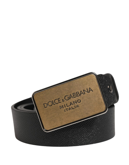 Black Classic Leather Logo Metal Buckle Belt