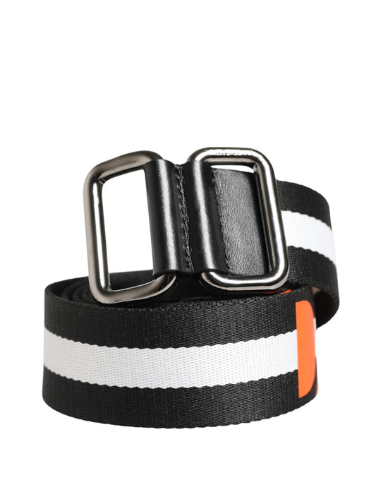 Men Black White Nylon Logo Metal Buckle Belt
