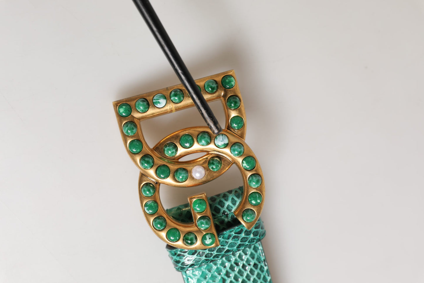 Green Leather DG Logo Embellished Buckle Belt