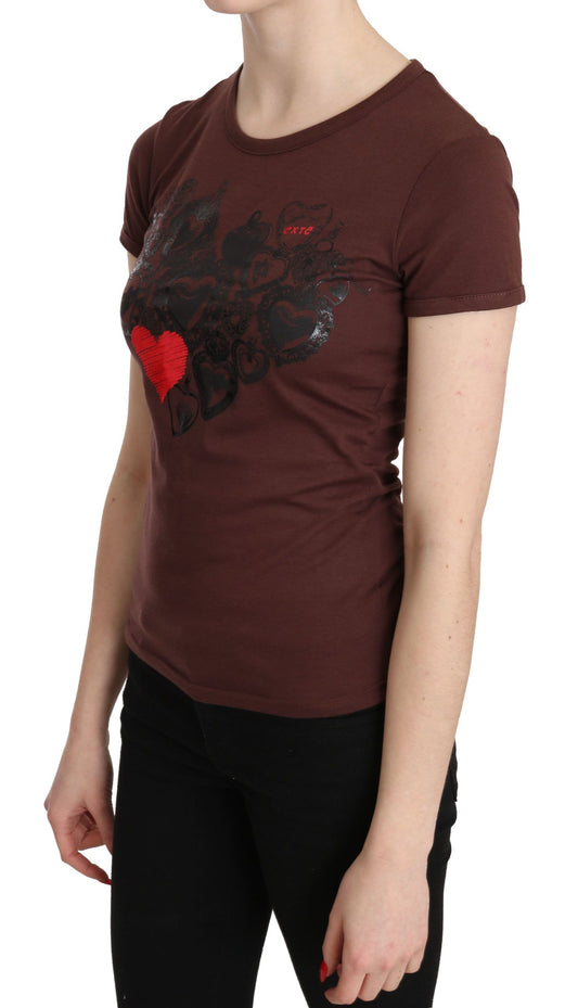 Brown Hearts Printed Round Neck T-shirt Top