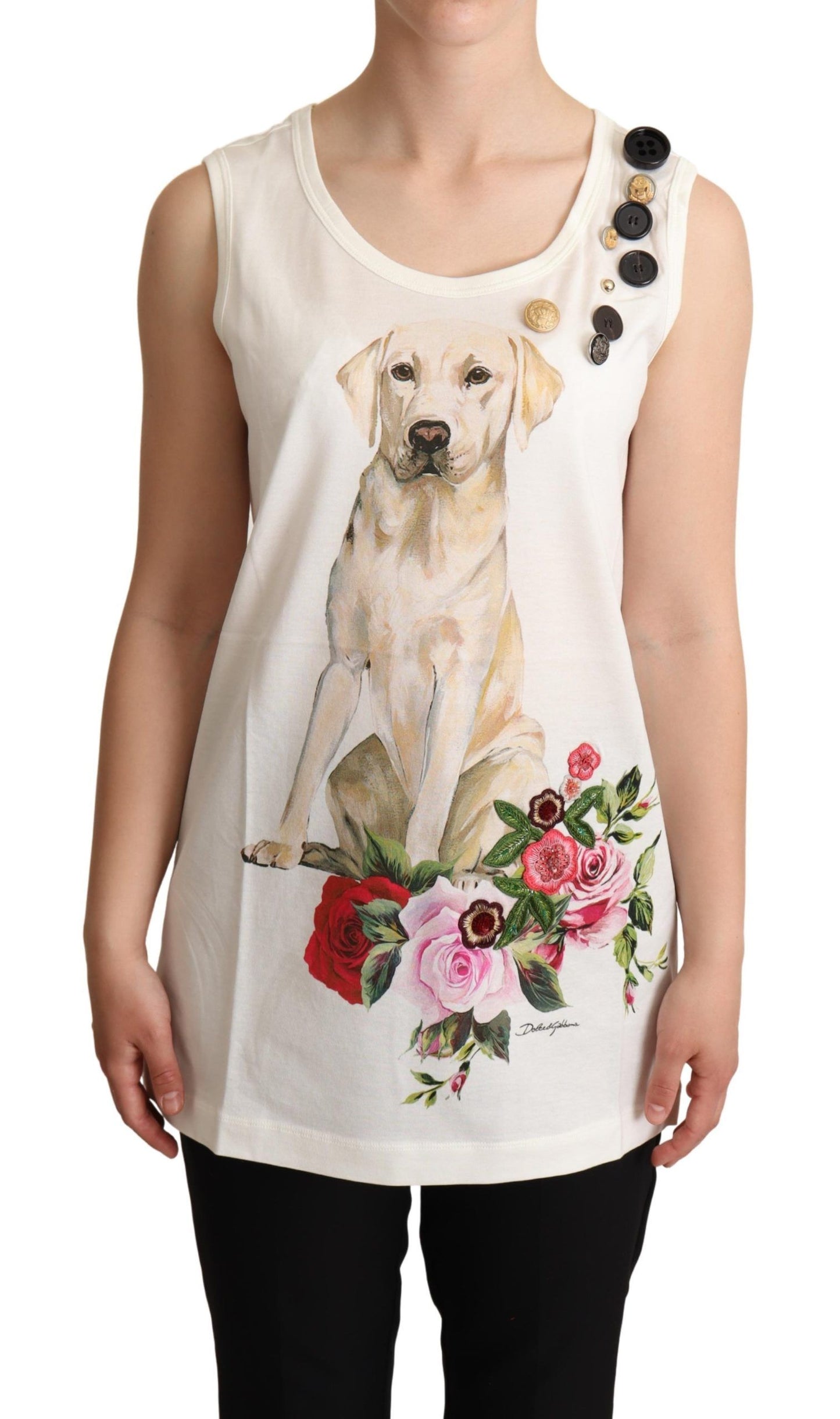 White Dog Floral Print Embellished T-shirt