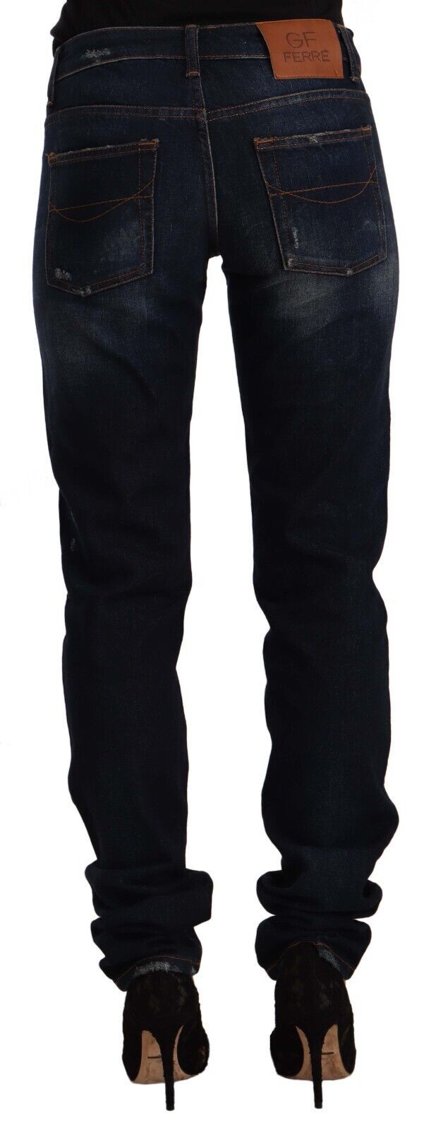 Dark Blue Washed Mid Waist Cotton Denim Skinny Jeans