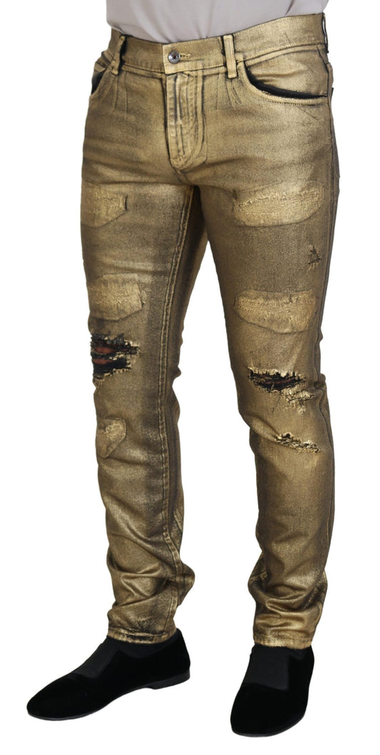 Gold Cotton Tattered Skinny Men Denim Jeans