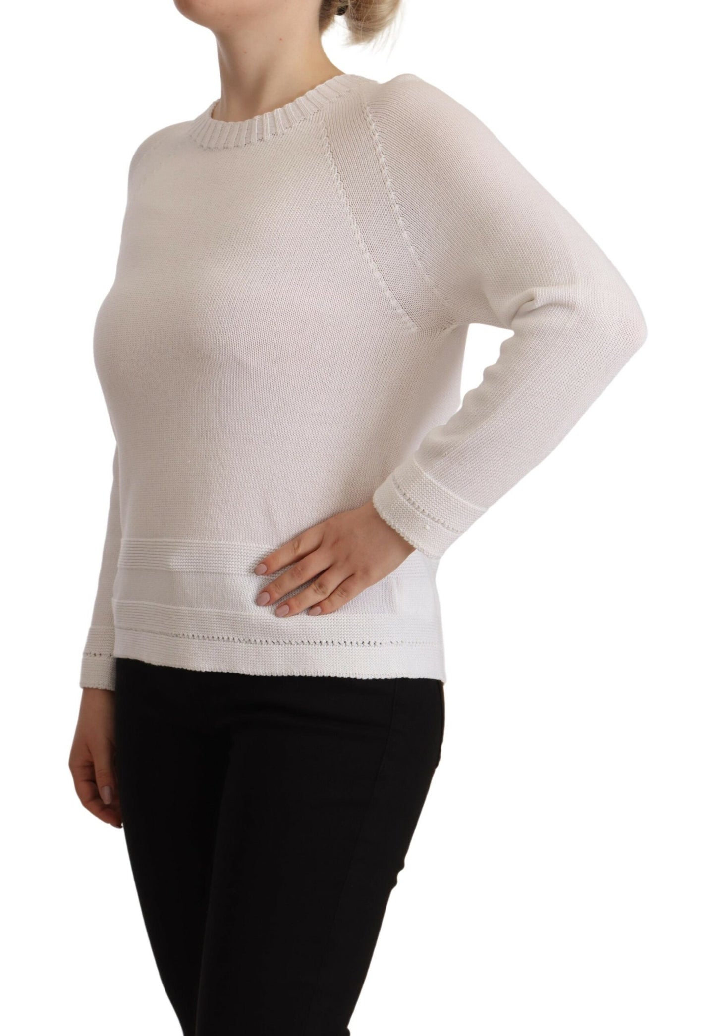 White Long Sleeves Crewneck Pullover Sweater