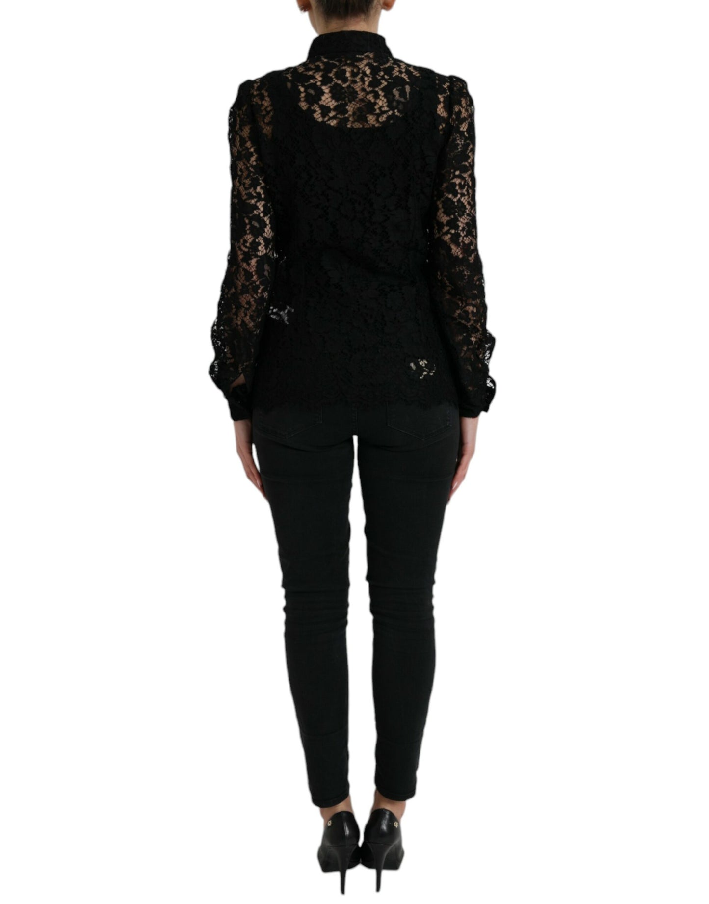 Black Floral Lace Long Sleeves Blouse Top