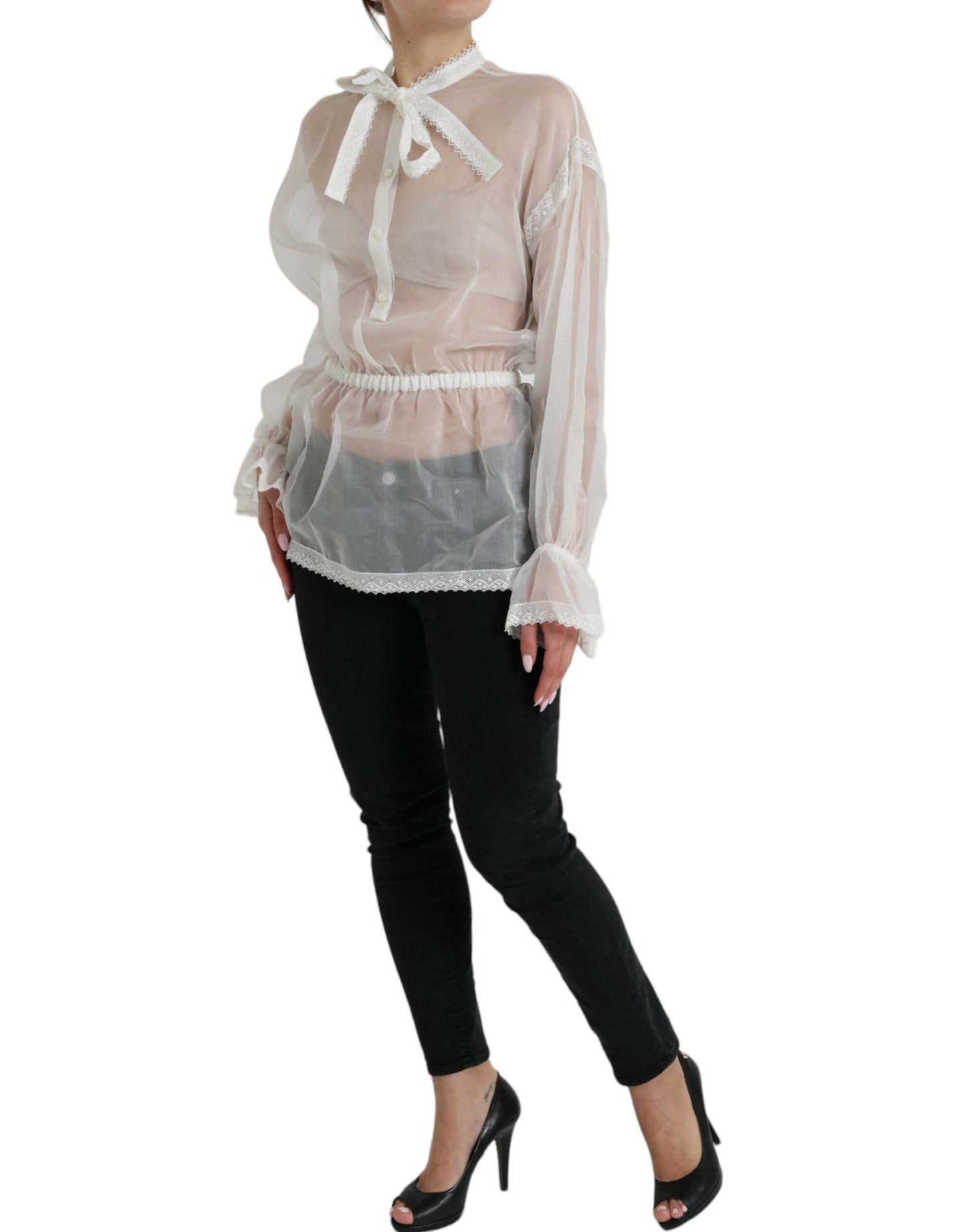 White Silk Long Sleeves Ascot Collar Top