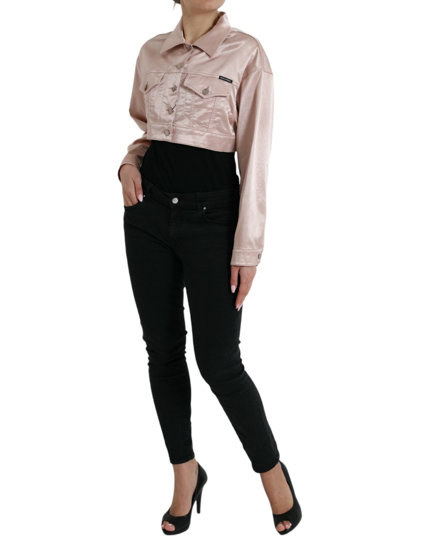 Pink Cotton Stretch Collared Cropped Jacket