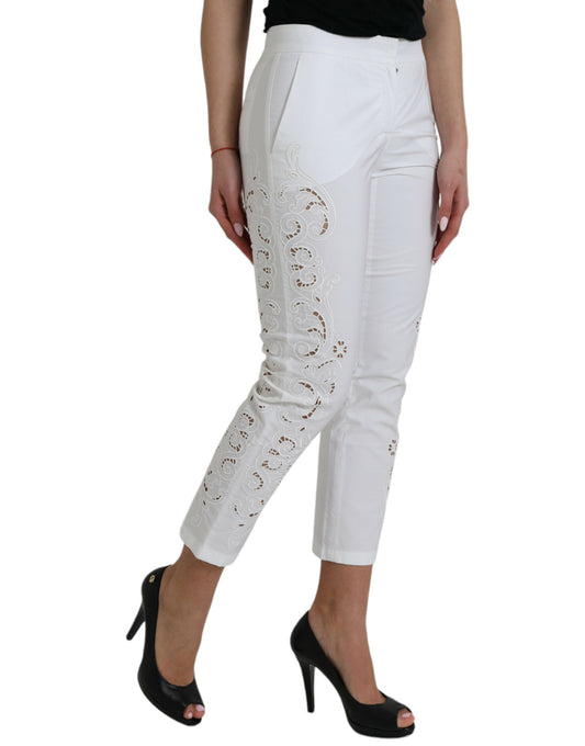 White Cut Out Cotton Mid Waist Cropped Pants