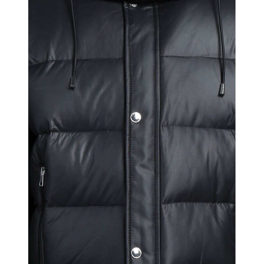 Black Polyester Men Jacket with Removable Hood