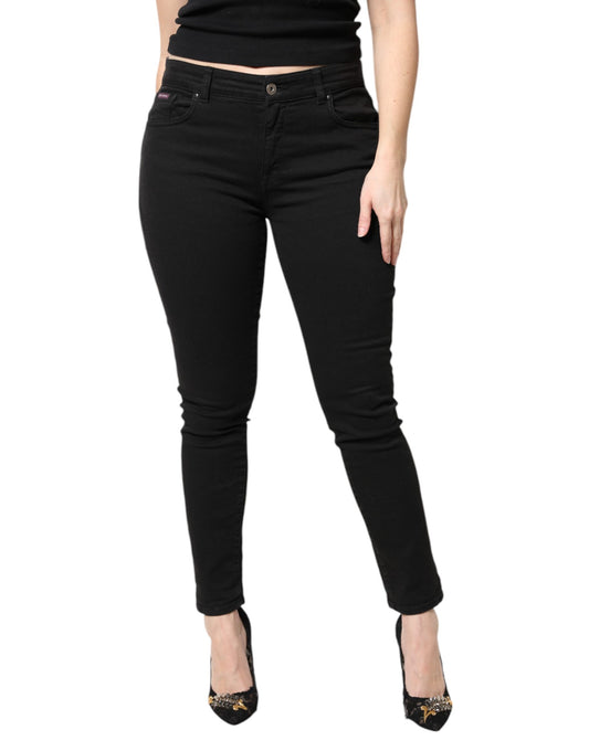 Black Cotton Mid Waisted Skinny Denim Jeans
