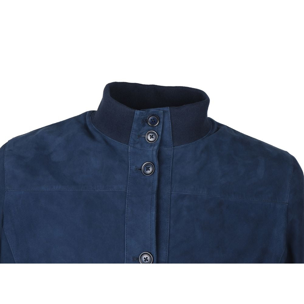 Blue Calfskin Men Bomber Jacket