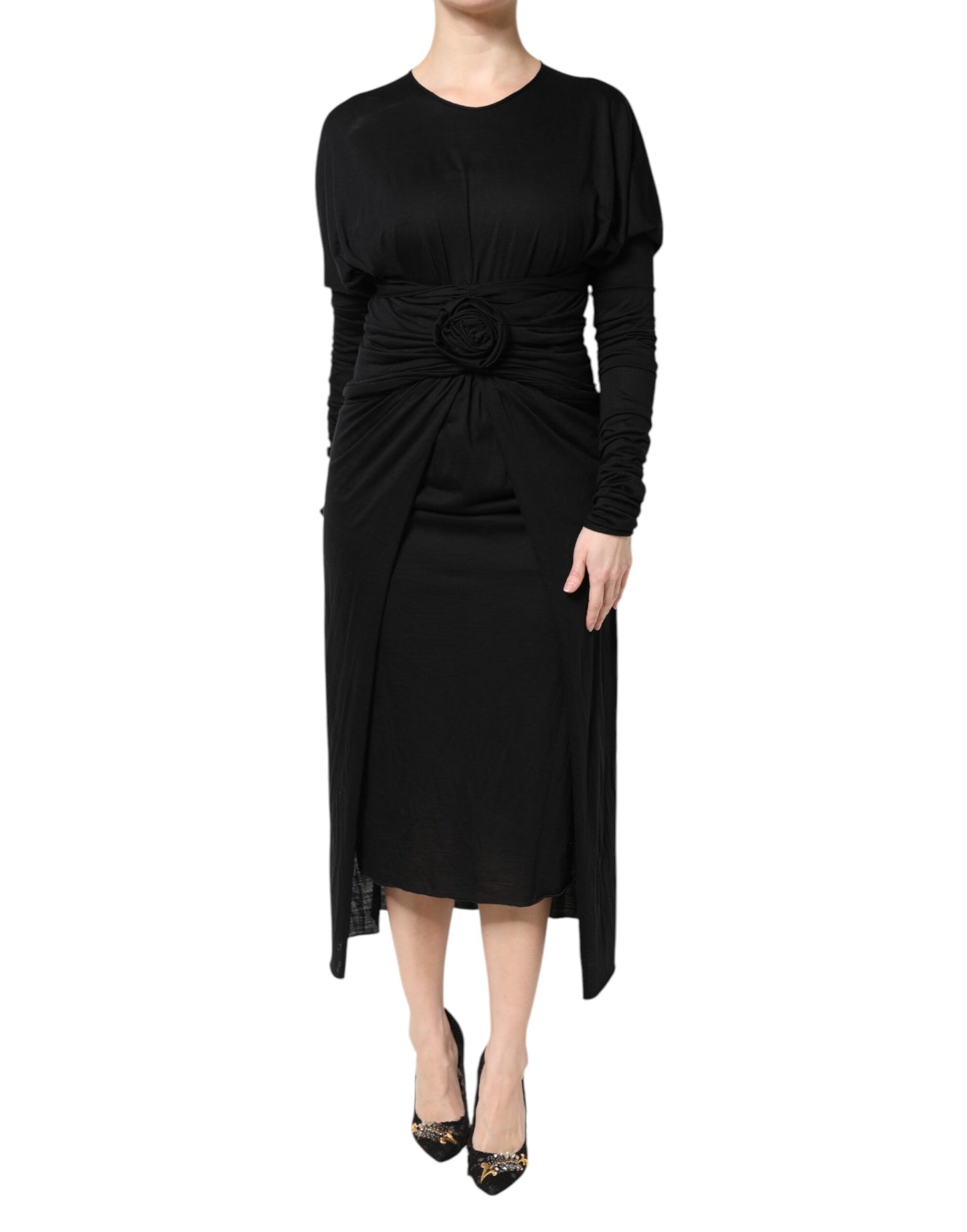 Black Wool Long Sleeves Sheath Midi Dress