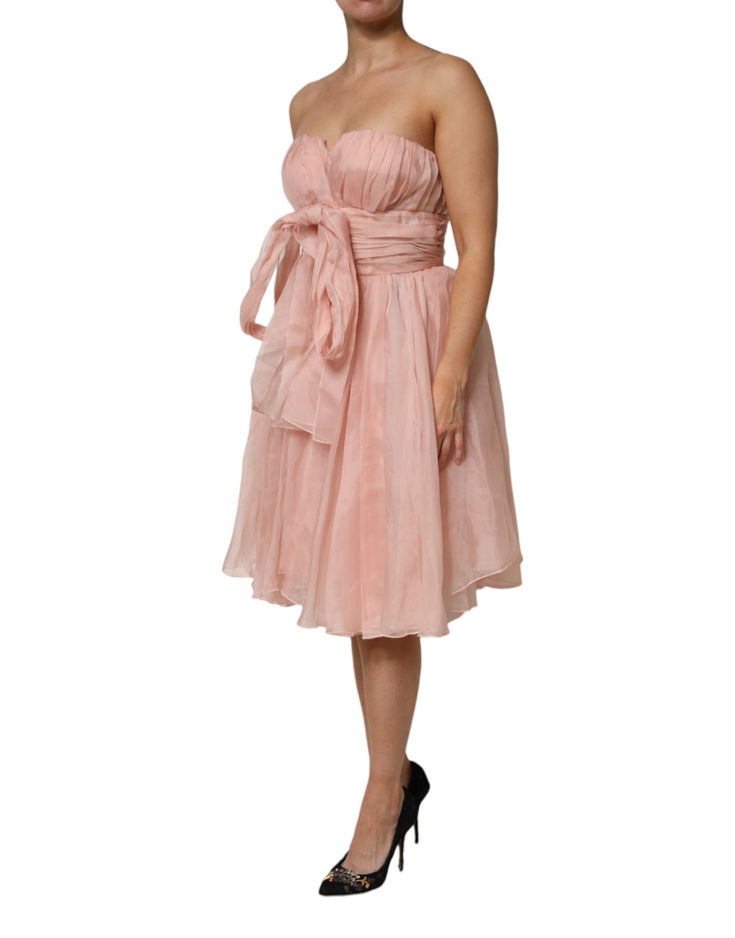 Pink Silk Chiffon A-line Pleated Midi Dress
