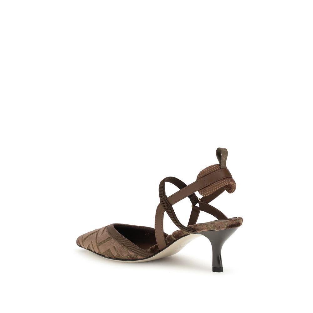 Brown Fabric Mid Heel Pumps