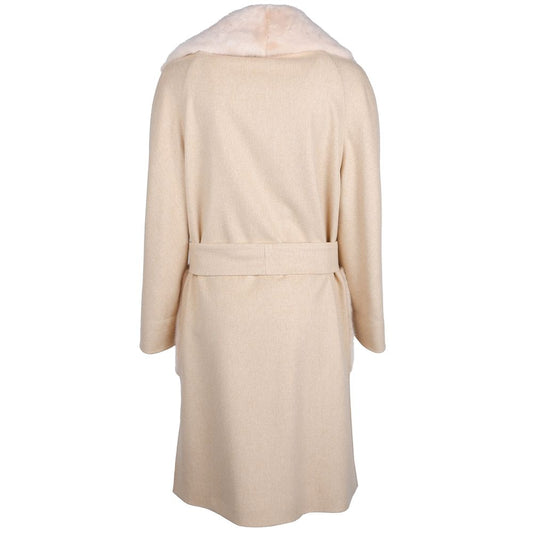 Beige Wool Women Coat with Rabbit Fur Collar