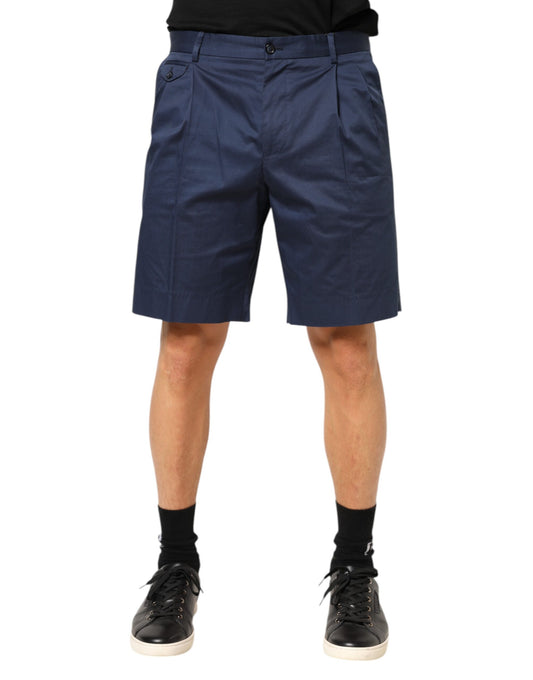 Blue Cotton Stretch Mid Waist Bermuda Shorts