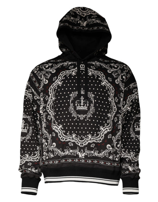 Black Bandana Print Crown Logo Cotton Hoodie Sweater