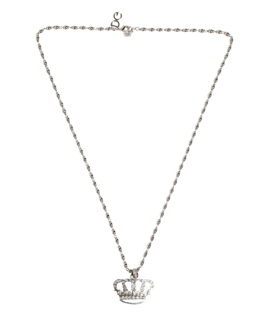Silver Tone Brass Chain Crown Crystal Pendant Necklace