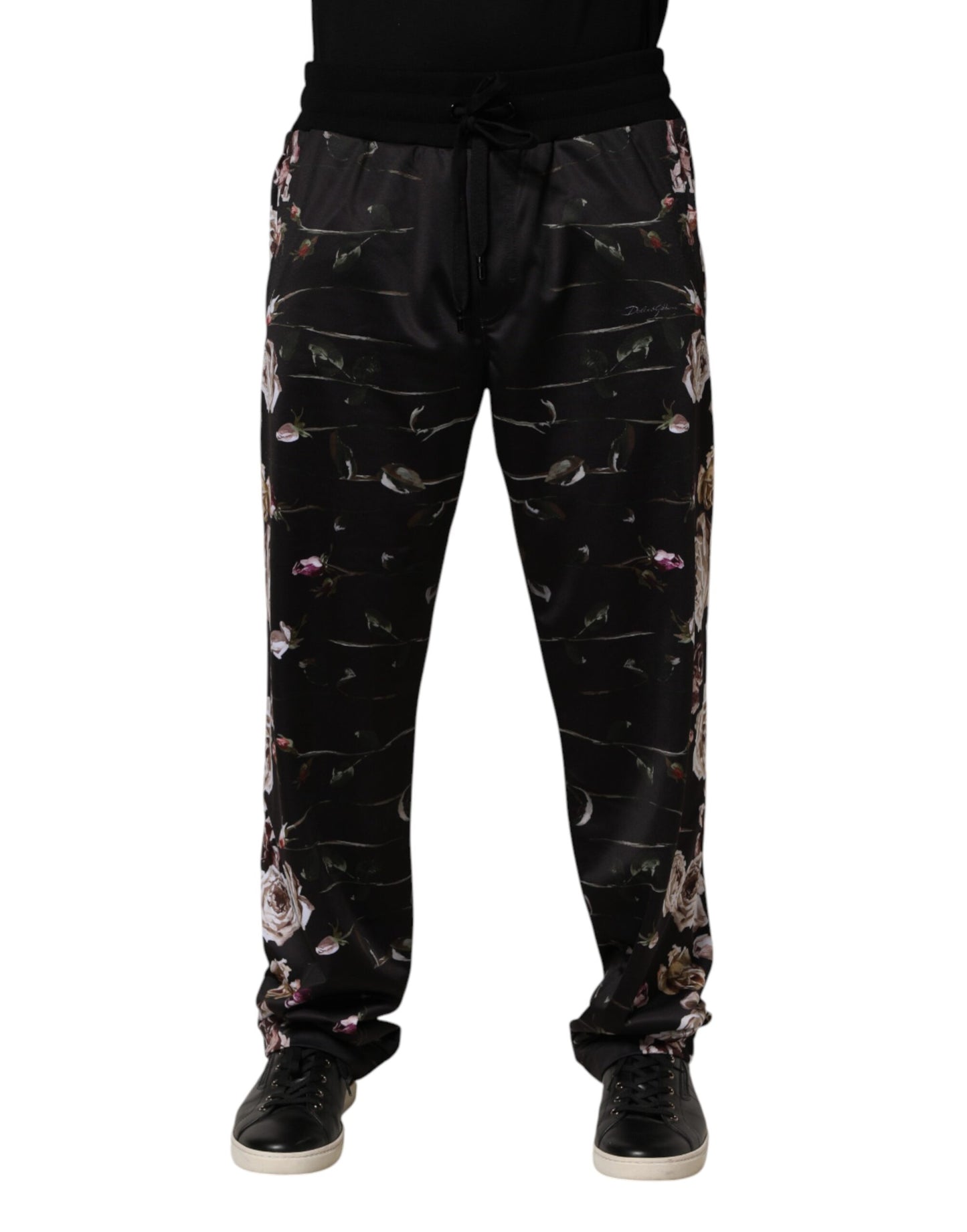 Black Floral Straight-Leg Chino Trouser Pants