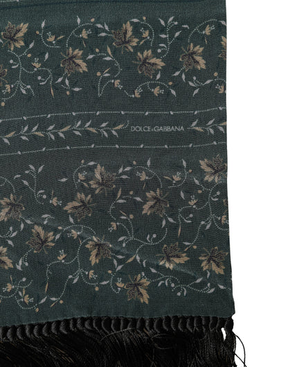 Green Silk Floral Pattern Fringed 135cm X 16cm  Scarf