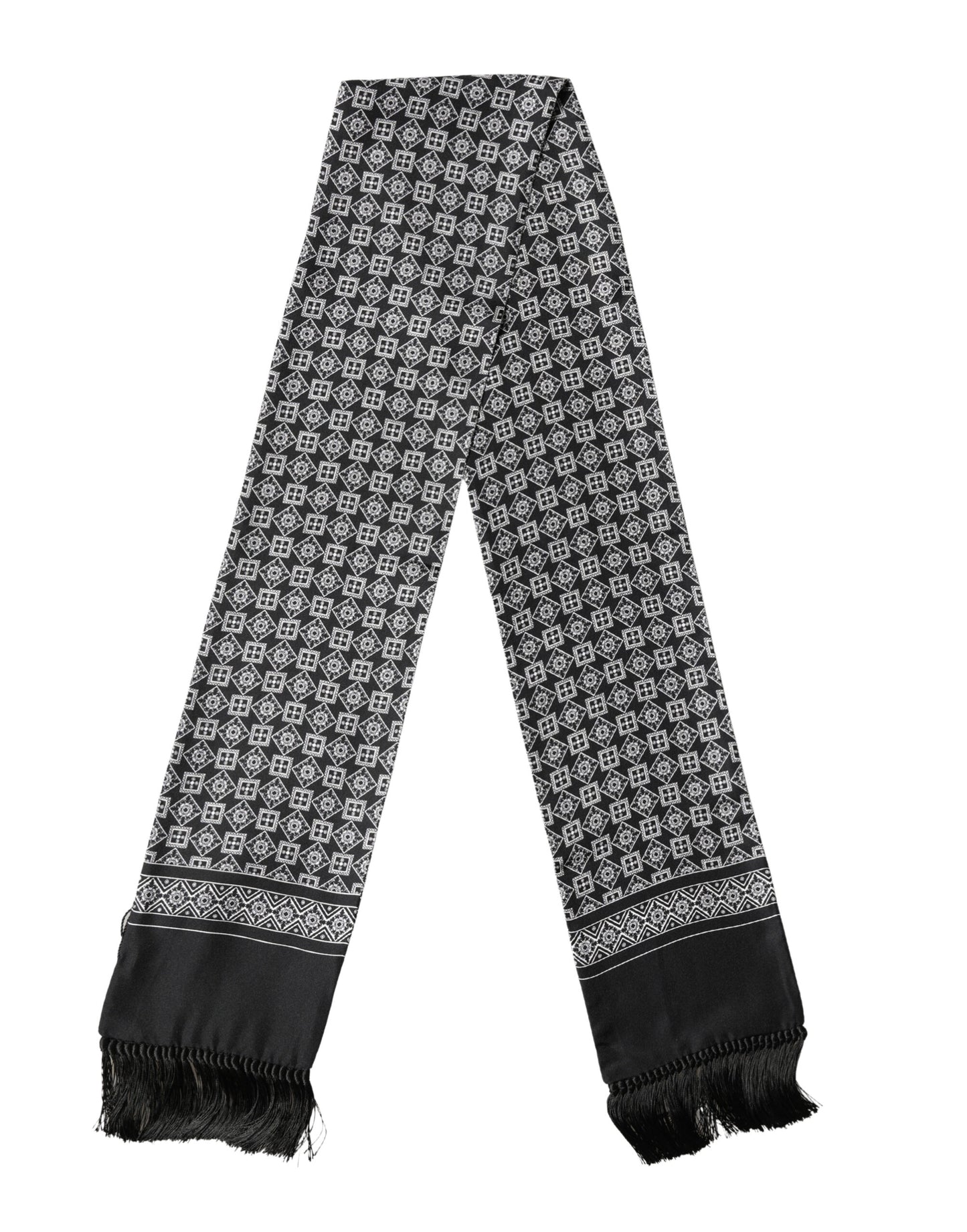 Black White Silk Geometric Neck Wrap 142cm X 15cm Scarf