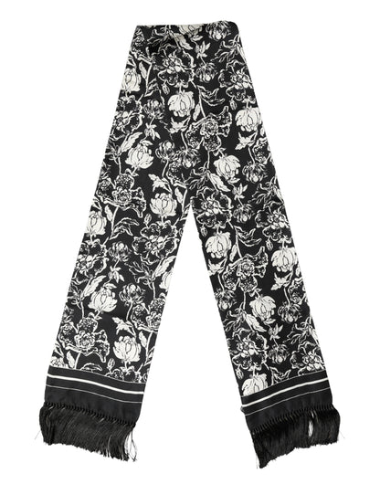 Black White Silk Floral Print Fringe 136cm X 15.5cm  Scarf