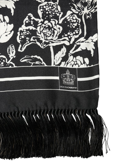 Black White Silk Floral Print Fringe 136cm X 15.5cm  Scarf