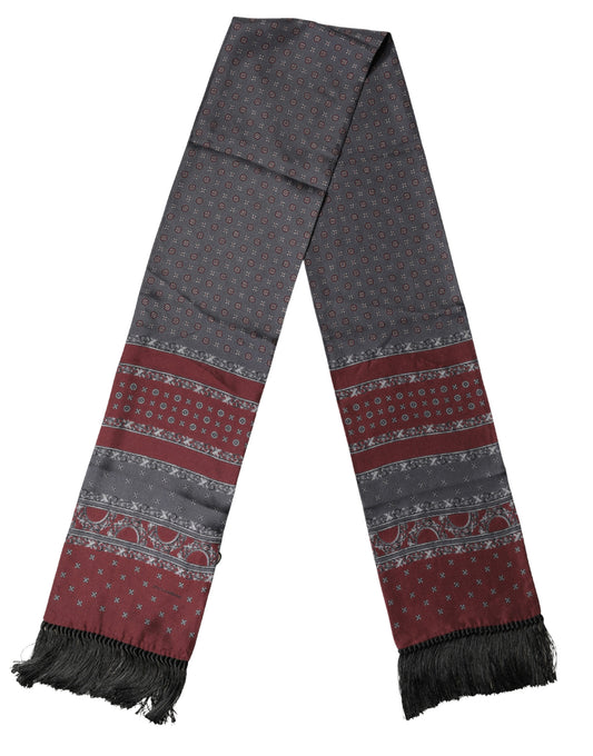 Burgundy Gray Patterned Fringe Foulard 141cm X 15.5cm  Scarf