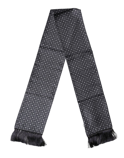 Black Silk Geometric Fringe Wrap Foulard 136cm X 15cm  Scarf