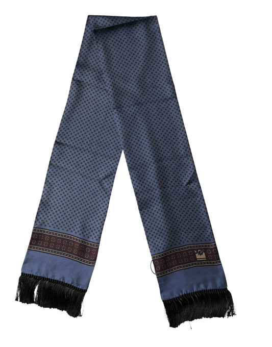 Blue Silk Geometric Fringe Foulard Wrap 131.5x15.5cm Scarf