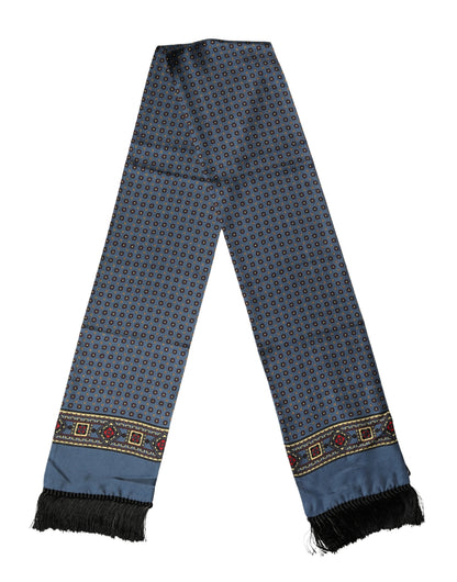 Blue Silk Geometric Fringe Foulard 134cm x 15.5cm Scarf