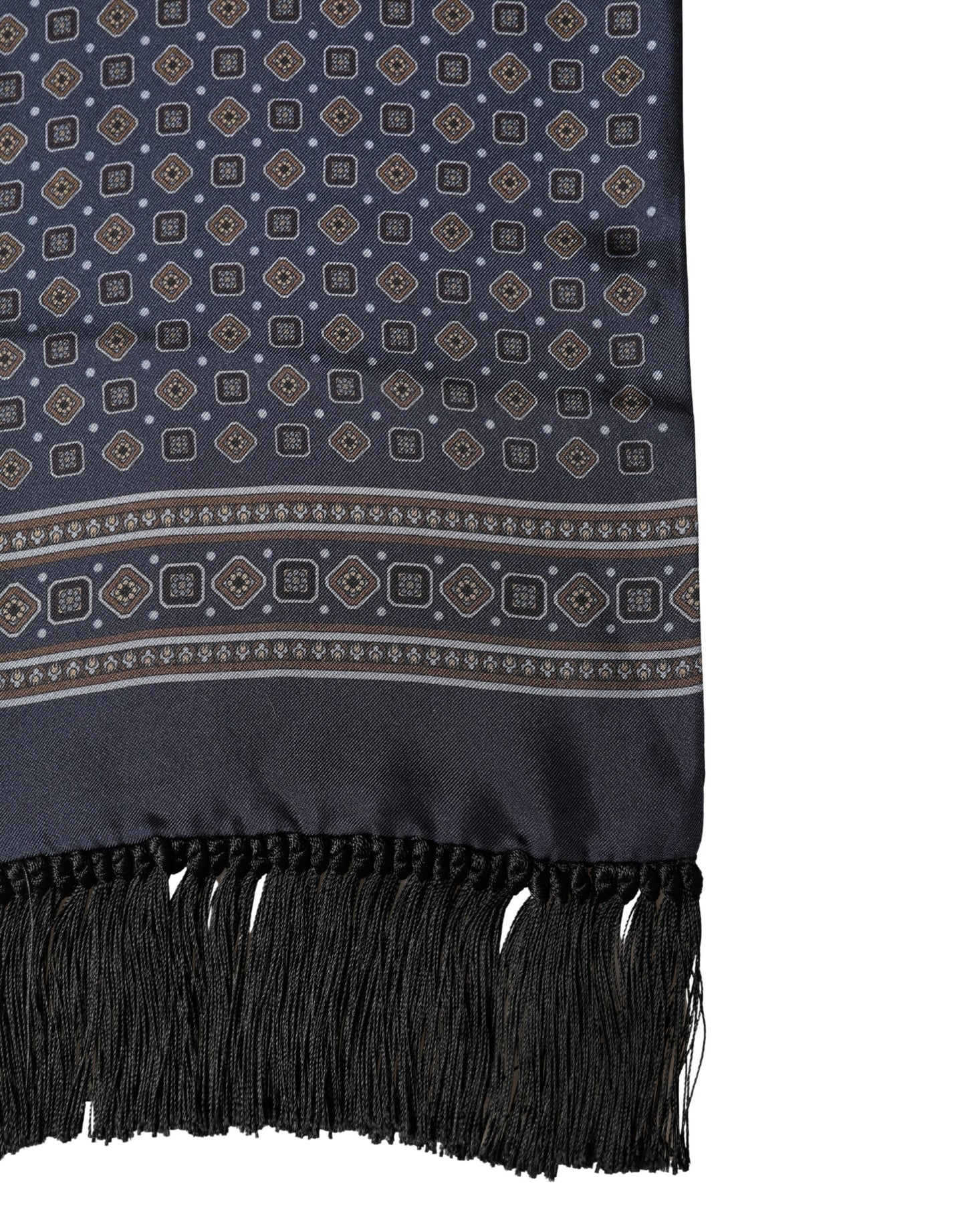 Navy Silk Geometric Fringe Foulard 137cm x 18cm Scarf