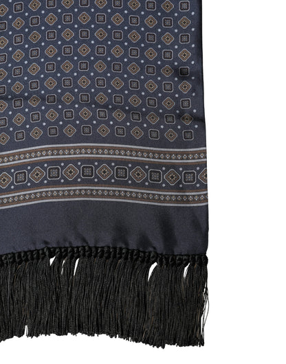 Navy Silk Geometric Fringe Foulard 137cm x 18cm Scarf