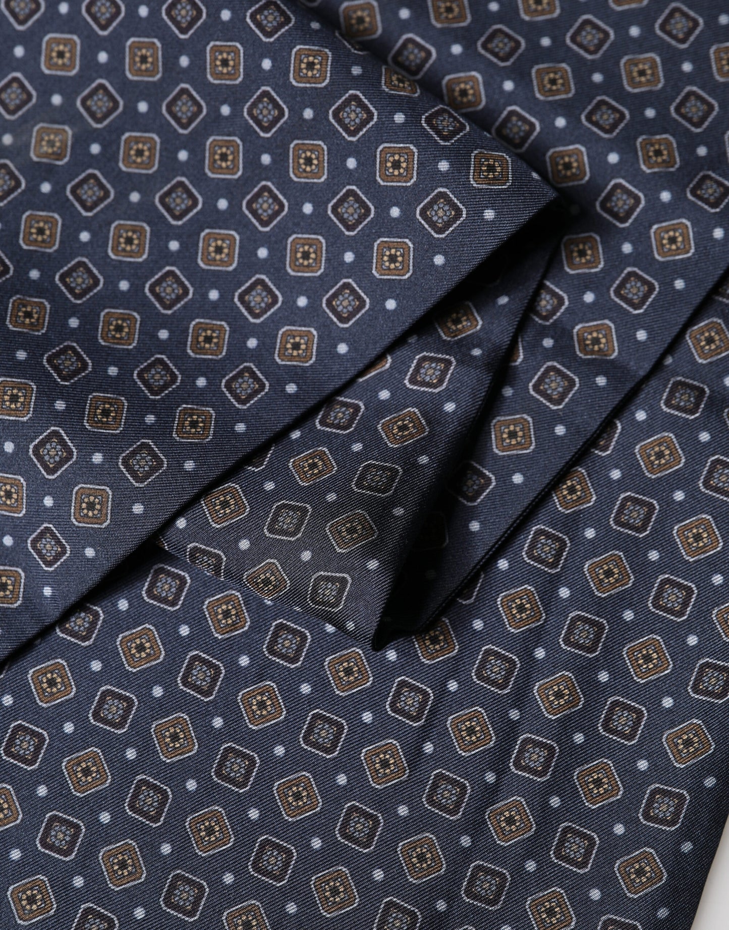 Navy Silk Geometric Fringe Foulard 137cm x 18cm Scarf