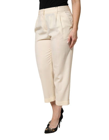 Ivory Wool Mid Waist Cropped Trouser Pants