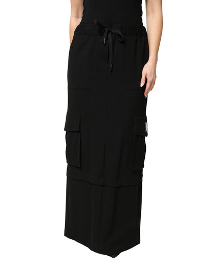 Black Cotton Drawstring Long Maxi Cargo Skirt