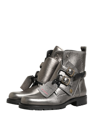 Metallic Silver Leather Buckle Ankle Boots Shoes