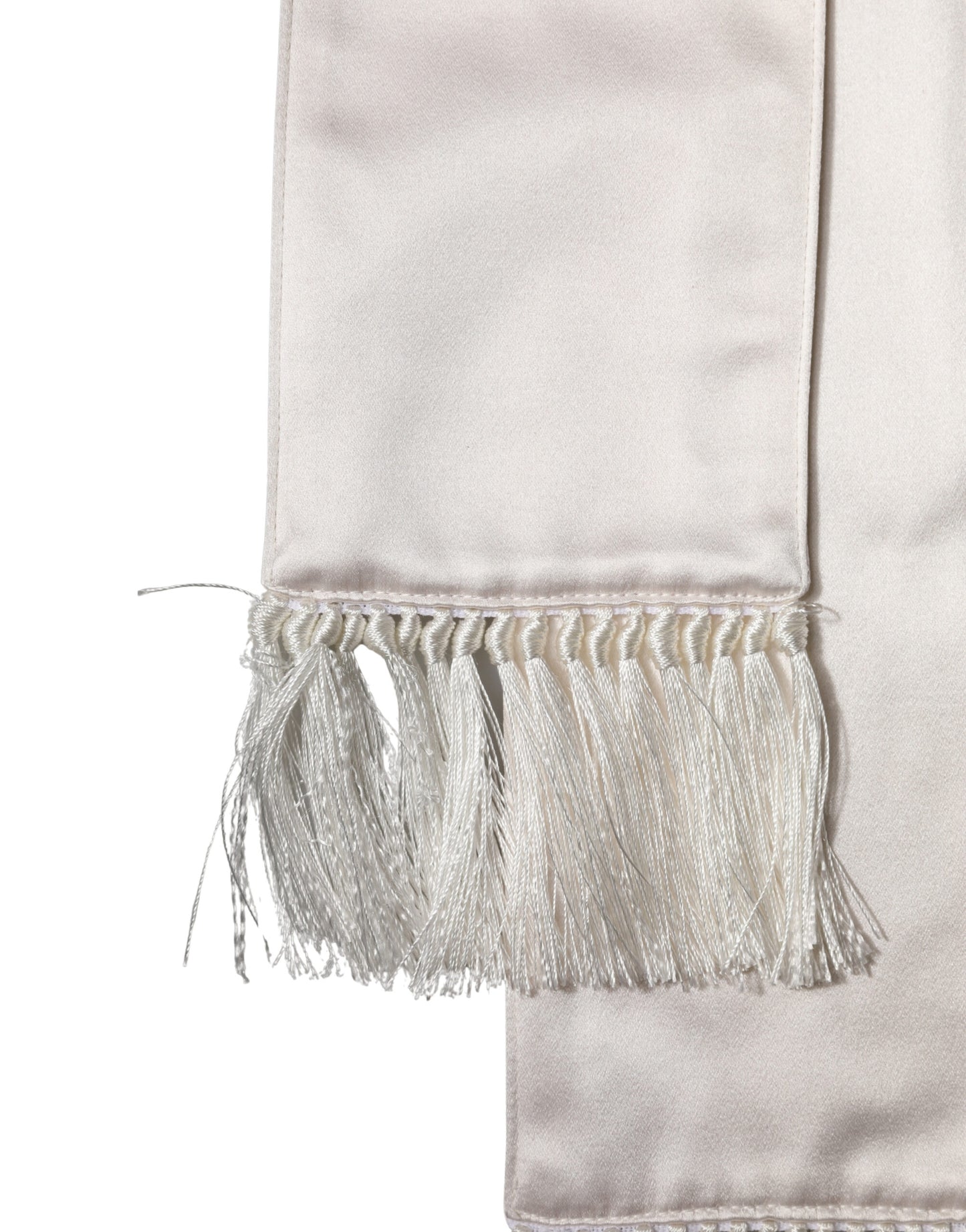 White Silk Satin Fringes Foulard 282cm x 10cm Men Scarf