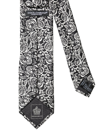 Black White Floral Fantasy Silk Adjustable Necktie Tie