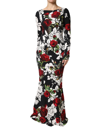 Black Floral Viscose Bodycon Long Gown Dress