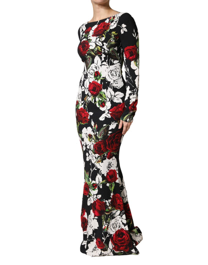 Black Floral Viscose Bodycon Long Gown Dress
