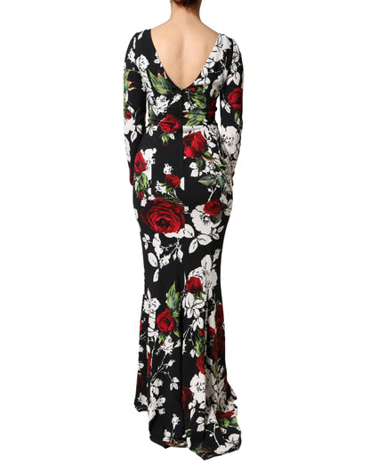 Black Floral Viscose Bodycon Long Gown Dress